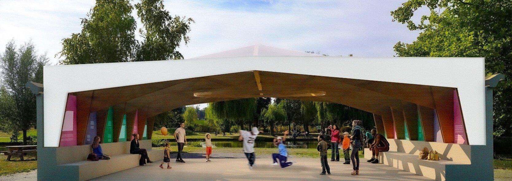 Dessin représentant le projet du kiosque avec danseurs et publics à l'intérieur